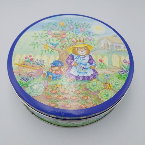Round Metal Candy Cookie Treat Tin Bunnies Garden Spring Easter 6.5" - Picture 1 of 3